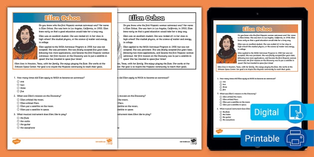 ALT text for a worksheet featuring the biography of Ellen Ochoa, highlighting her achievements as the first Hispanic woman in space.
