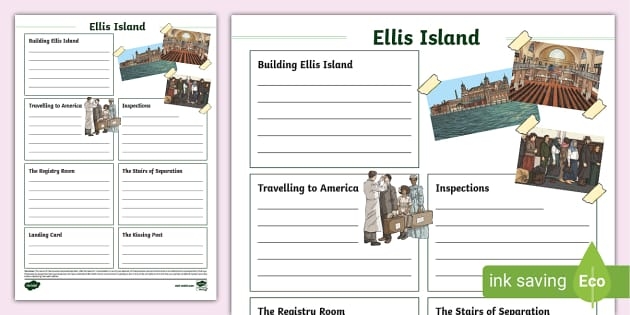 Fifth grade history worksheet depicting a young immigrant child standing with a small bundle representing luggage for Ellis Island