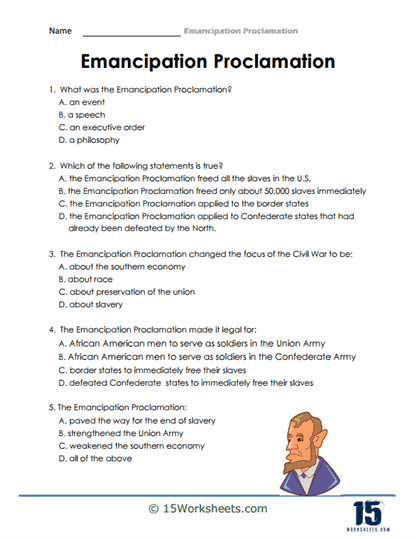 Interactive learning activity on the Emancipation Proclamation for phonics practice Emancipation Proclamation worksheet for fourth graders featuring historical overview and exercises