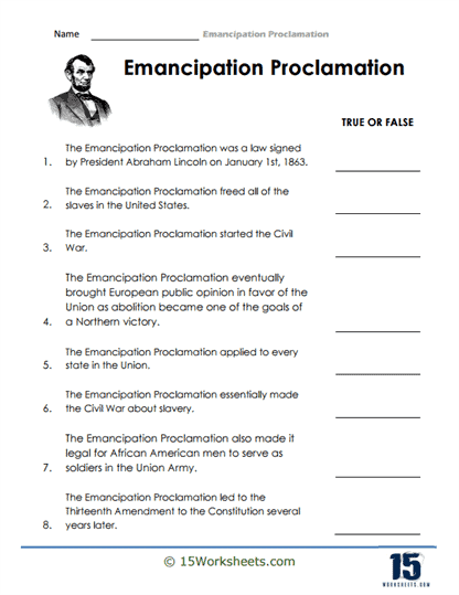Illustration of the Emancipation Proclamation worksheet, designed for phonics learning in Grade 4 Emancipation Proclamation worksheet for fourth graders featuring a historical overview and exercises
