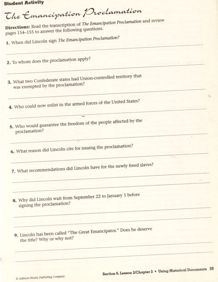 Engaging activities to reinforce learning about the Emancipation Proclamation for 4th grade students Emancipation Proclamation worksheet displaying historical overview and review exercises for fourth graders