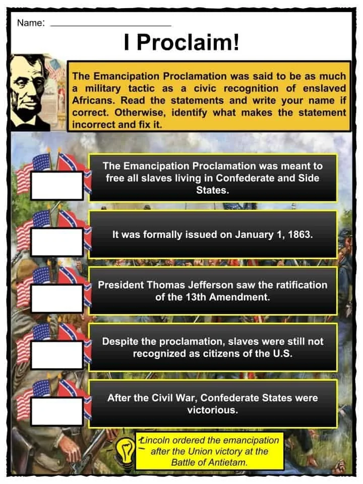 Educational resource image for the Emancipation Proclamation worksheet aimed at phonics learning Emancipation Proclamation worksheet for fourth graders featuring a brief historical overview and related exercises