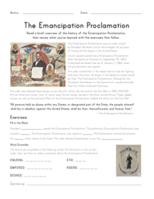 Educational worksheet on the Emancipation Proclamation for phonics practice Emancipation Proclamation worksheet for fourth graders featuring historical overview and exercises