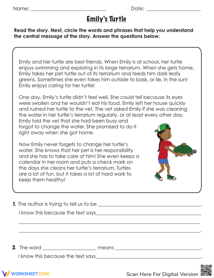 Second grade measurement worksheet featuring Emily's Turtle story with text comprehension questions about determining central message