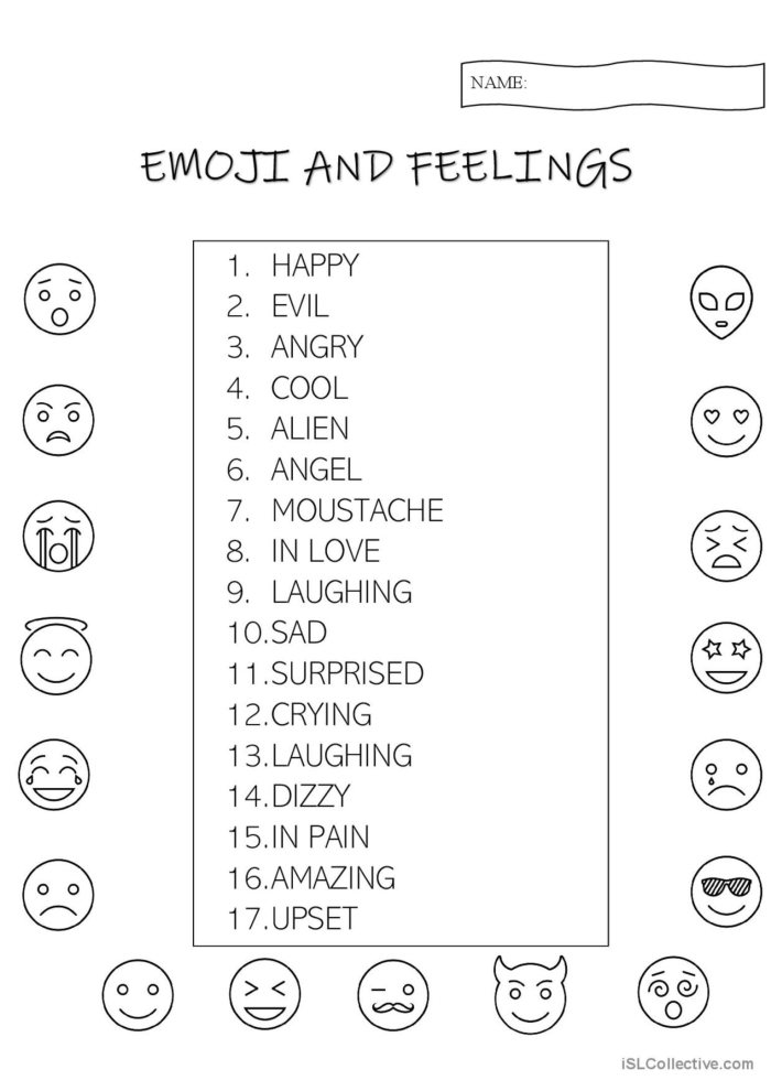 Third grade student completing an Emoji Emotions algebra worksheet to identify feelings