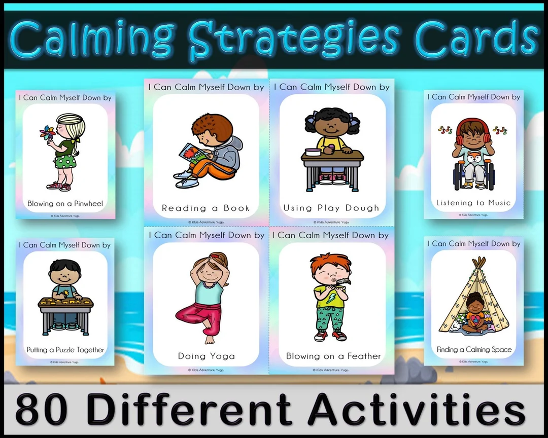 Worksheet featuring self-regulation strategies for pre-K kids dealing with strong feelings Colorful Calm Down Cards for Young Children designed to help with emotional regulation