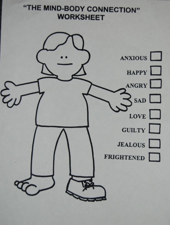 Second Grade Emotions Body Map Activity for Understanding Feelings and Physical Sensations A young student coloring different body parts on an emotions body map worksheet using various colored markers to show where they feel different feelings