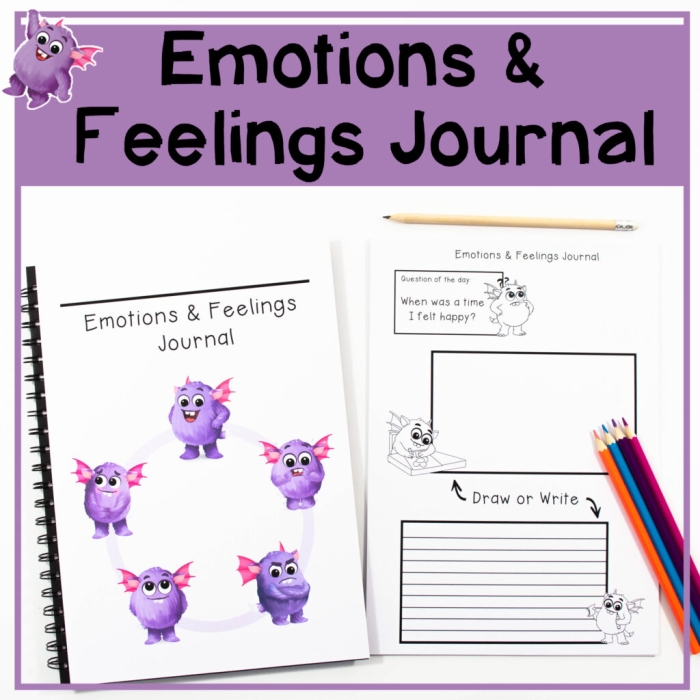 Creative cover design for an emotions journal worksheet aimed at young learners Emotions Journal worksheet for Pre-K students with a drawing prompt and cover design