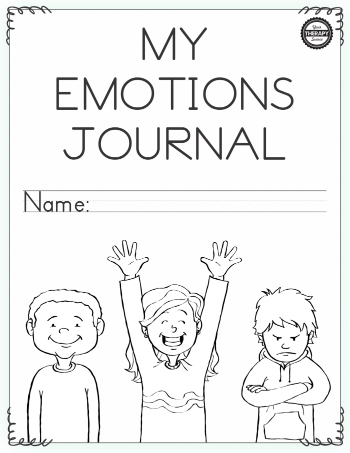 Cover design concept for an emotions journal worksheet aimed at young learners Emotions Journal worksheet for Pre-K students featuring a cover design and drawing prompt