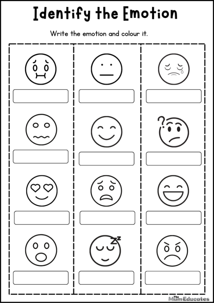 Kindergarten worksheet showing emotions represented as different weather conditions with sunny happy faces and rainy sad expressions
