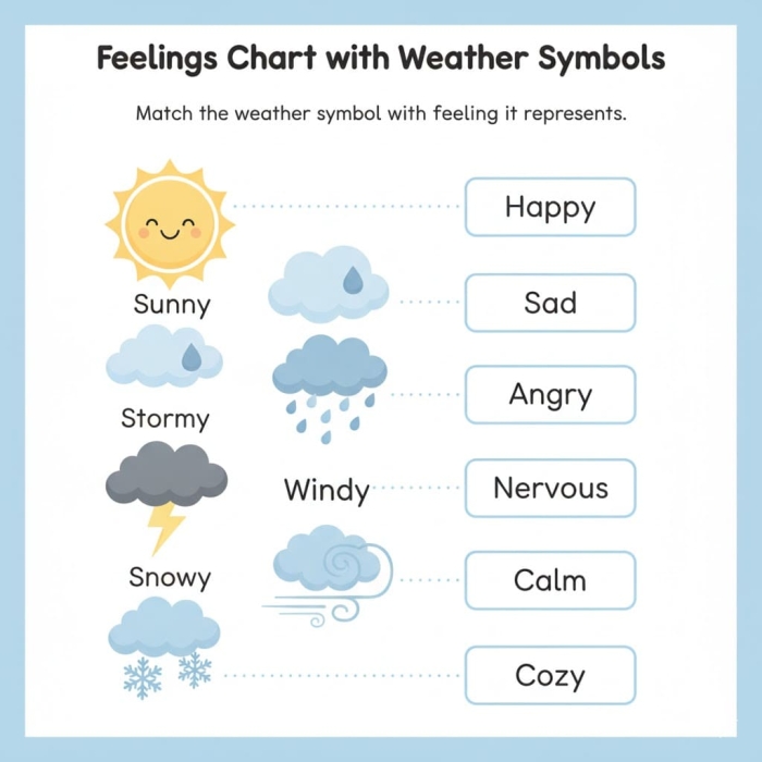 Kindergarten worksheet showing weather icons to help students identify and name their changing emotions
