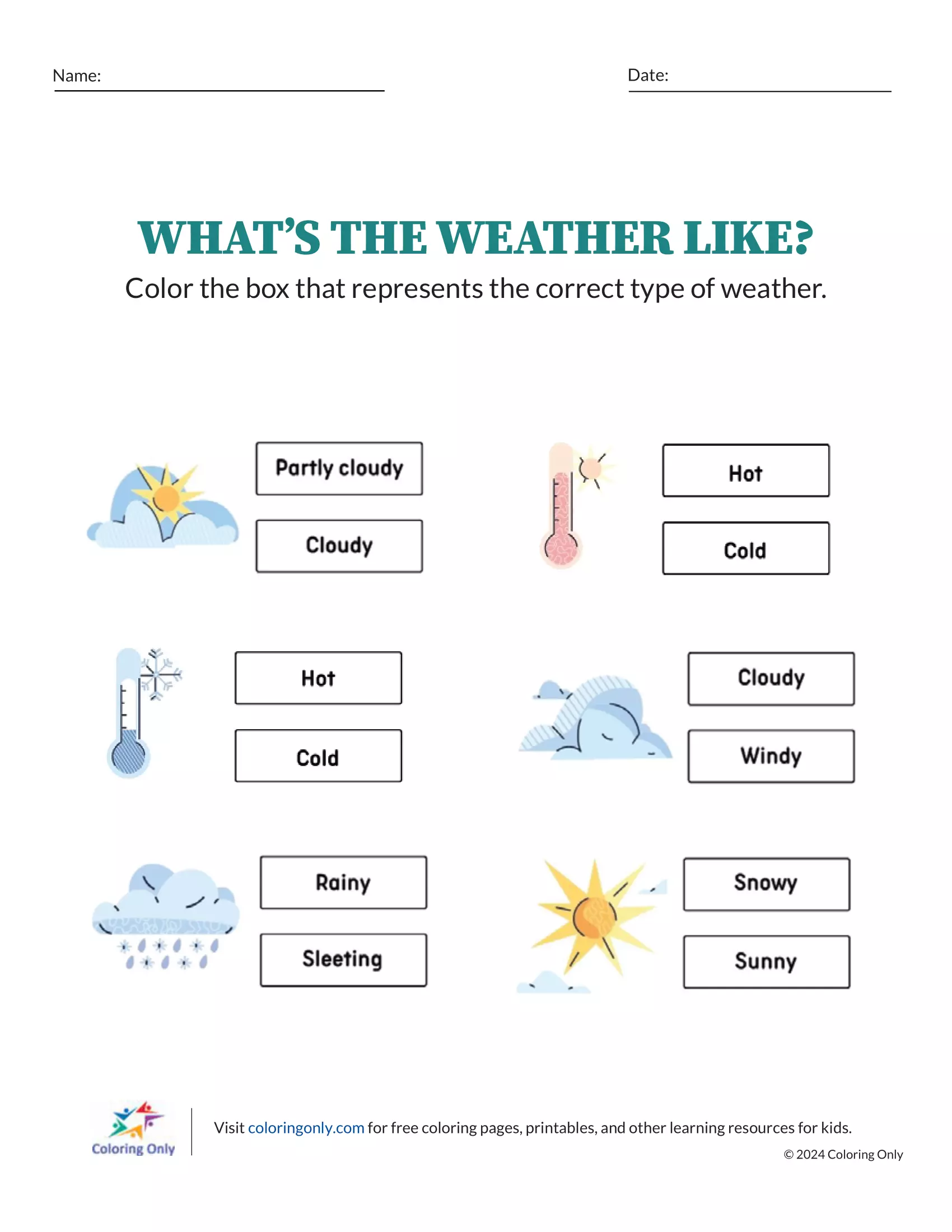Kindergarten worksheet showing weather symbols paired with different facial expressions to teach emotions and feelings
