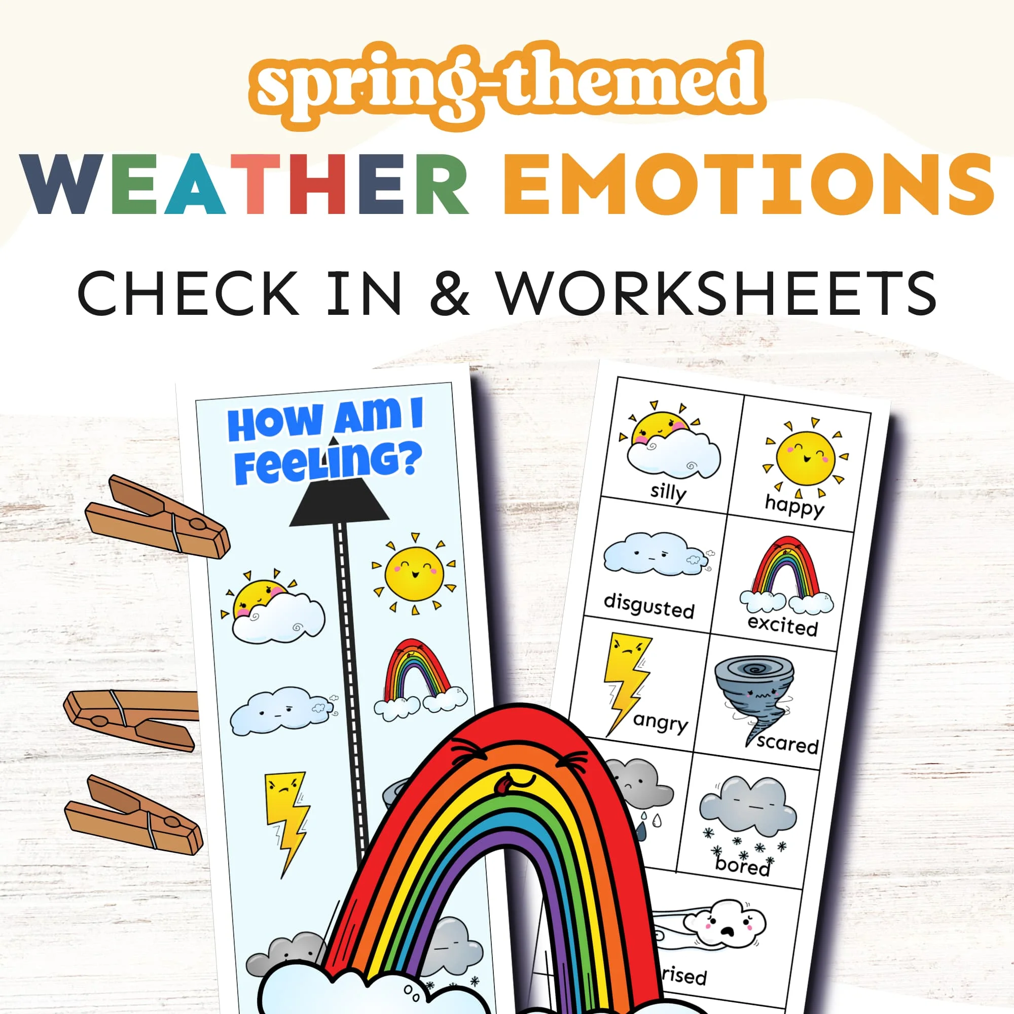 Kindergarten students learning about emotions through weather metaphors with sunny, rainy, and cloudy mood illustrations
