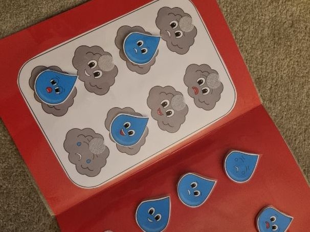 Kindergarten worksheet showing emotions compared to weather patterns with colorful illustrations of different feelings and weather conditions