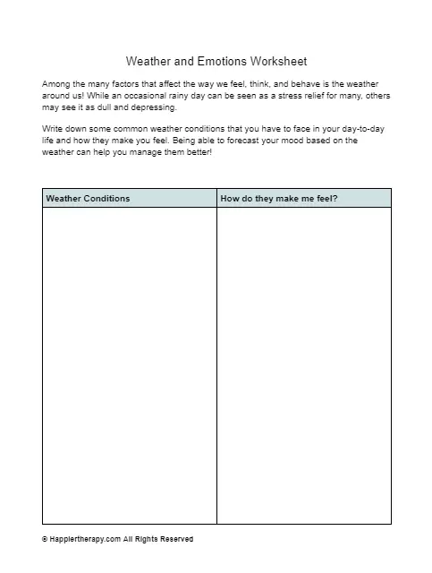 Kindergarten student worksheet featuring colorful weather icons to help children identify and understand changing emotions
