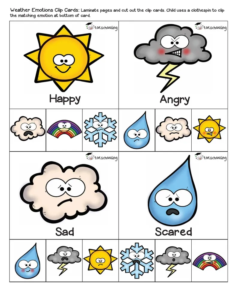 Kindergarten worksheet featuring weather icons to help students identify and name their changing emotions