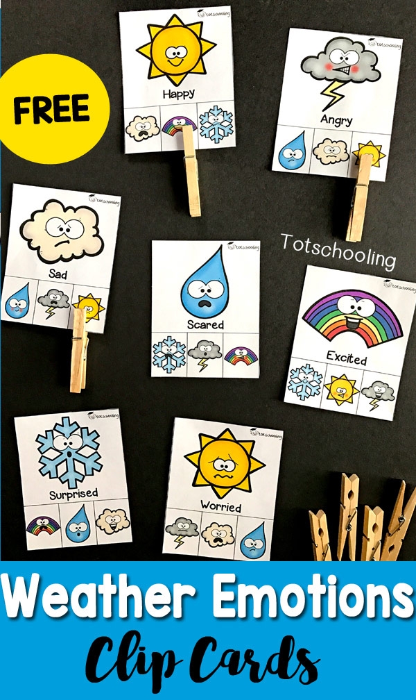 Kindergarten worksheet showing emotions represented as different weather conditions with colorful illustrations and activities