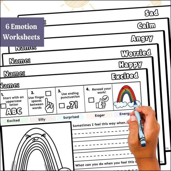 Kindergarten worksheet titled Emotions Are Like the Weather showing weather icons representing feelings
