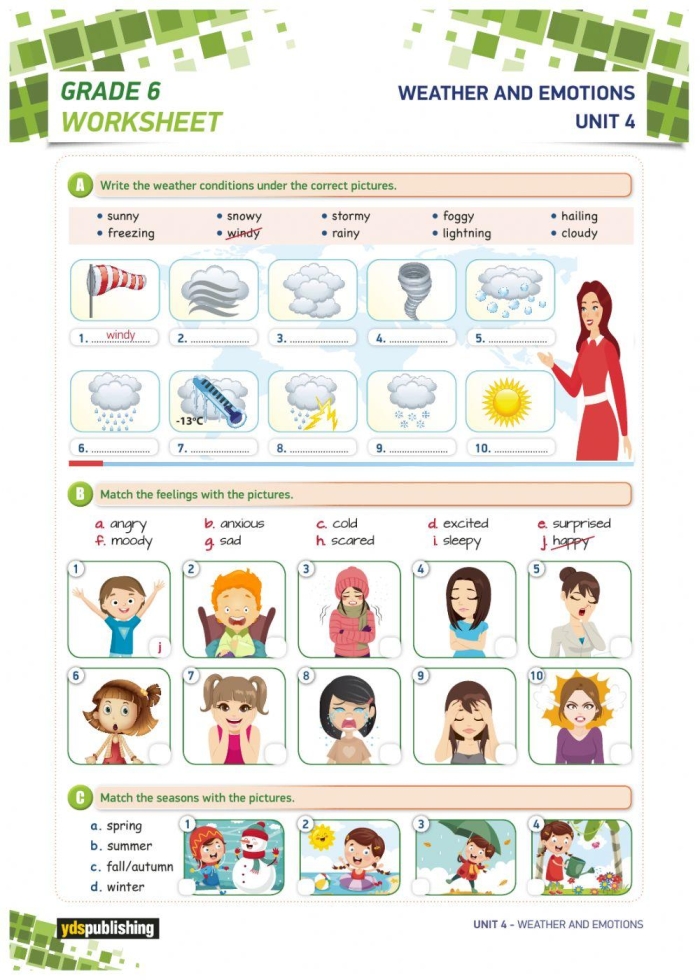 Emotions Are Like the Weather kindergarten worksheet featuring colorful cloud and sun icons