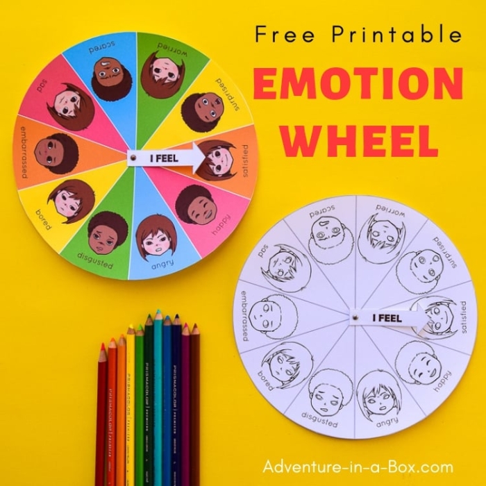 Second grade student worksheet featuring a colorful emotions wheel for identifying and drawing personal feelings
