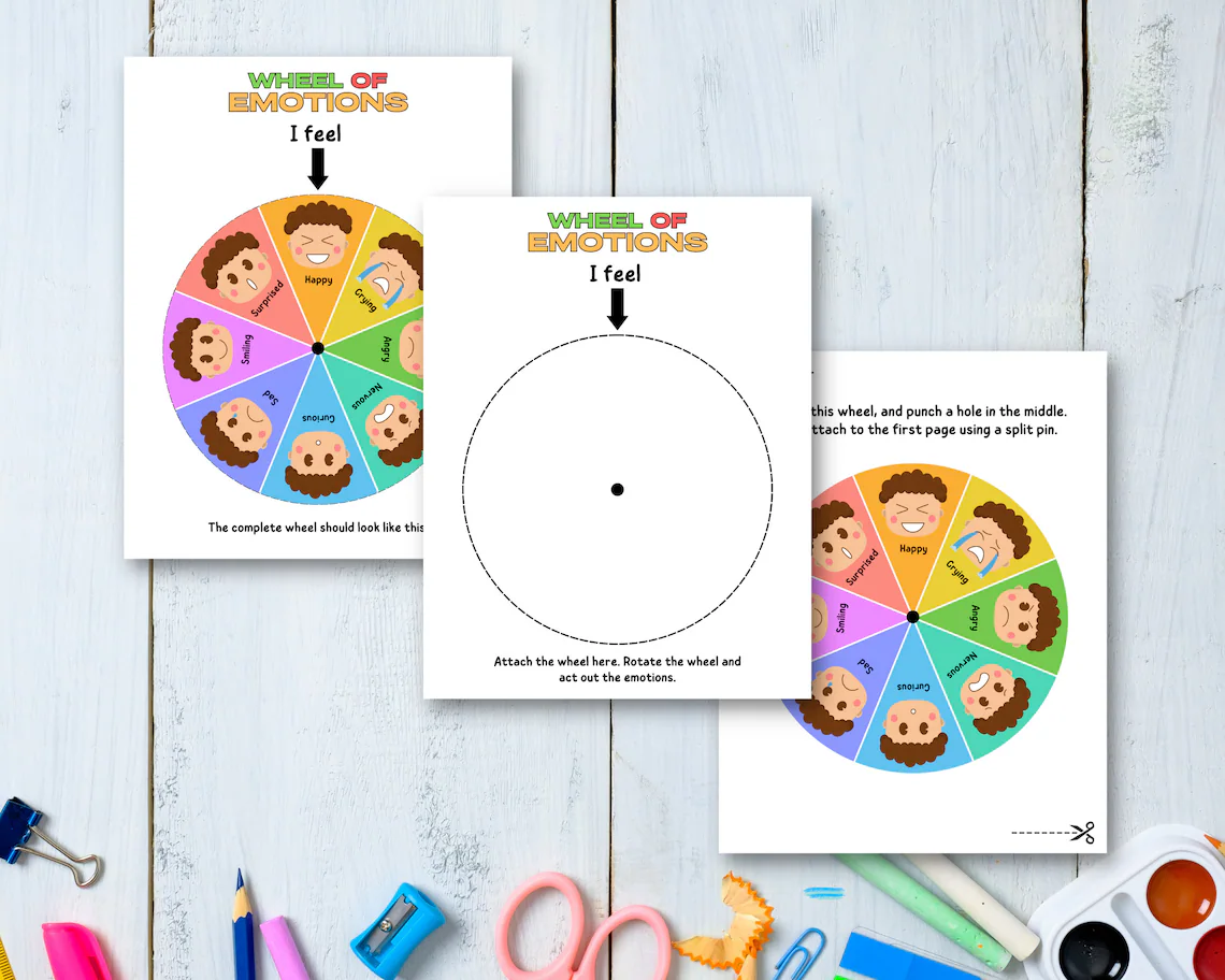 Second grade student's emotions wheel worksheet showing different feelings around a circular diagram with space for drawings and reflections about emotional experiences