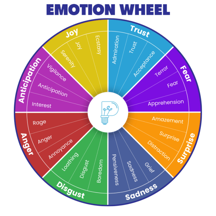 A second grade student's emotions wheel worksheet showing different feelings arranged in a circle with space for drawings below each emotion label