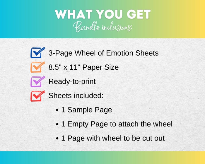 A colorful emotions wheel worksheet for second grade students showing different feelings with spaces for drawing illustrations of emotional experiences