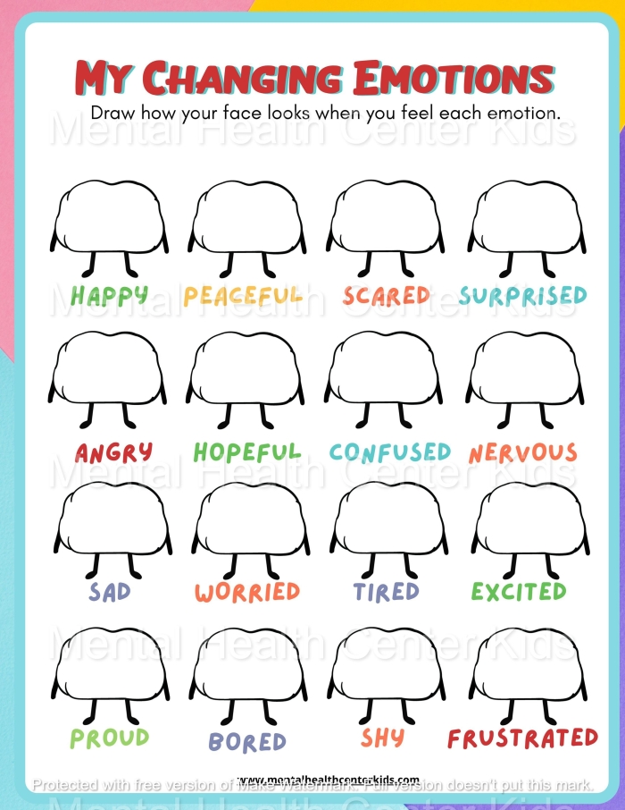 Kindergarten student drawing happy and sad faces to learn about emotions on a subtraction worksheet