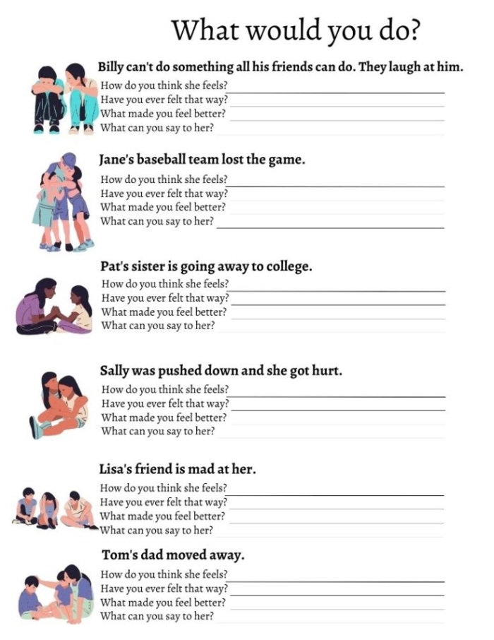 Empathy Scenarios worksheet for second graders focusing on social emotional learning through fictional scenarios