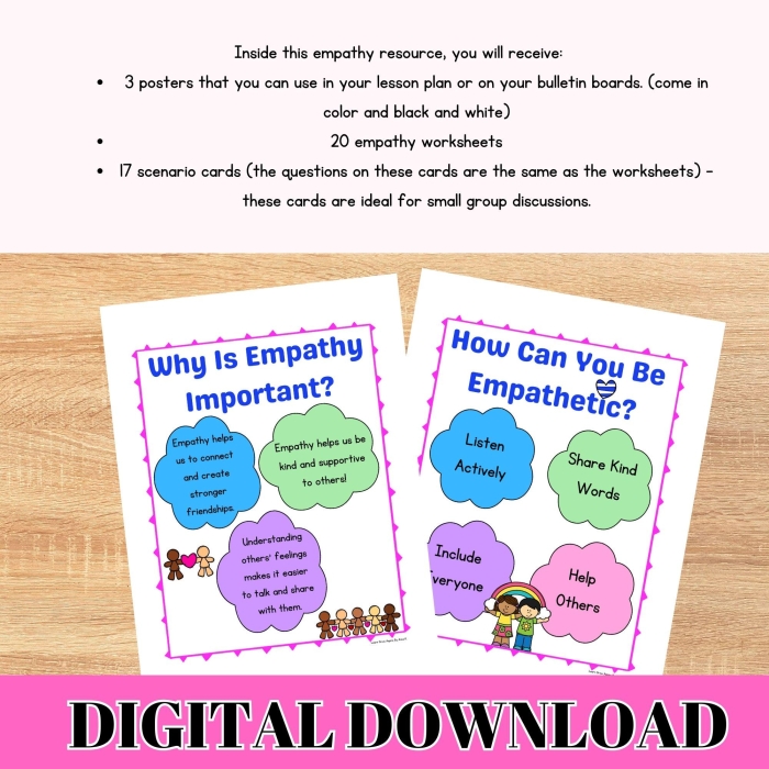 Empathy Scenarios worksheet for second graders featuring four fictional scenarios to enhance social emotional learning