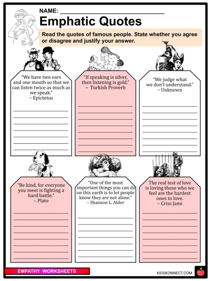 Empathy Scenarios worksheet for second graders featuring four fictional scenarios for critical thinking