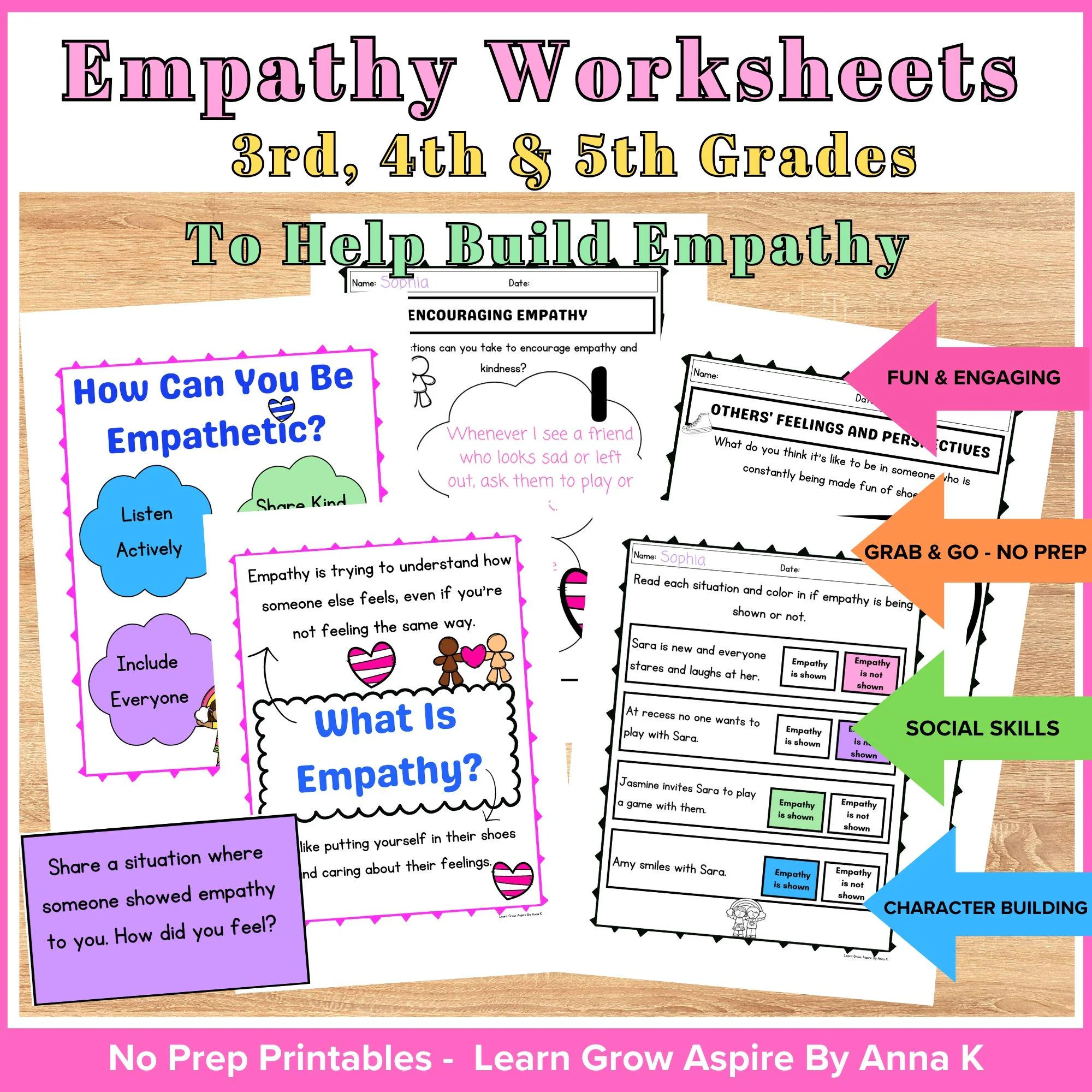 Empathy Scenarios worksheet for second graders featuring engaging illustrations of characters in various situations
