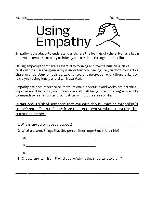 Empathy Scenarios worksheet for second graders focusing on social emotional learning