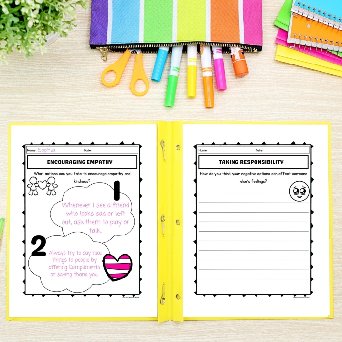 Empathy Scenarios worksheet for second graders focusing on social emotional learning and critical thinking. Engaging illustration depicting young learners exploring various empathy situations.