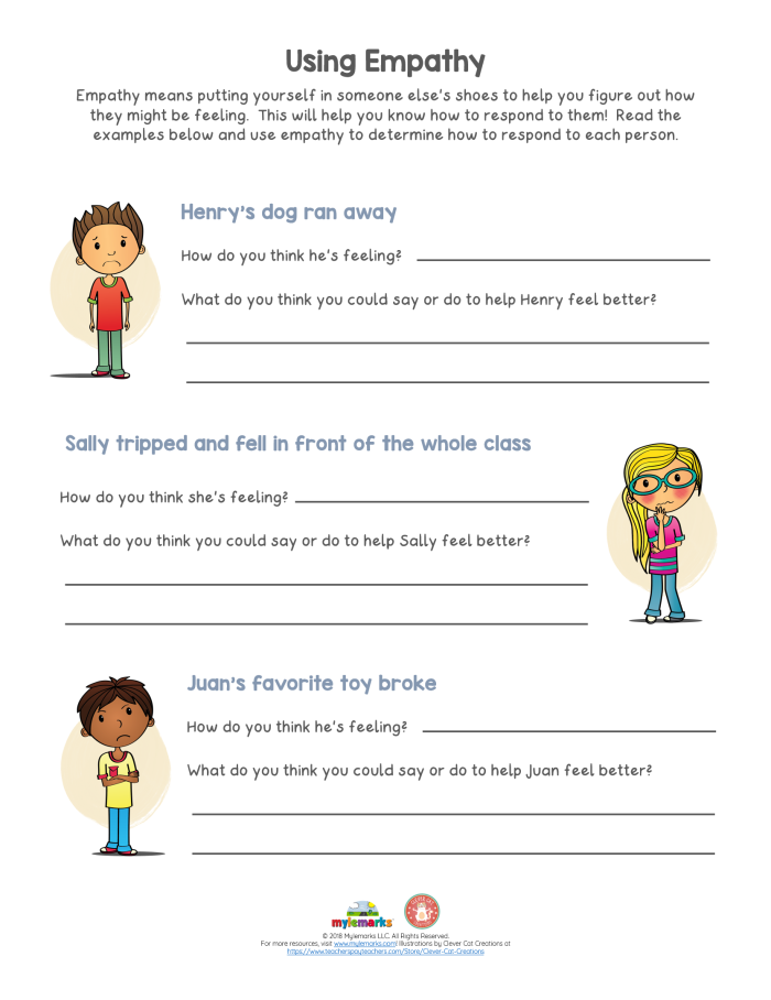Empathy Scenarios worksheet for second graders focusing on social emotional learning