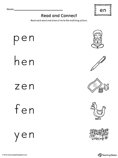 Worksheet for kindergarten students focusing on "en" word families, featuring activities for reading and writing. Welcome to Word Families: "En" Words worksheet for early literacy practice.