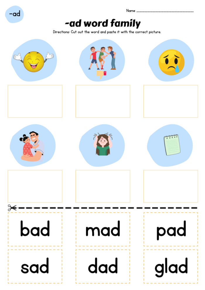 Worksheet for recognizing and practicing "en" family words for early readers