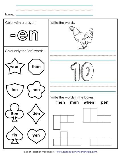 Kindergarten worksheet for practicing En word families with tracing and writing exercises