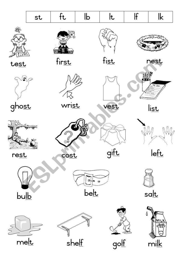 Kindergarten worksheet featuring various illustrations to help students practice identifying ending consonant blends
