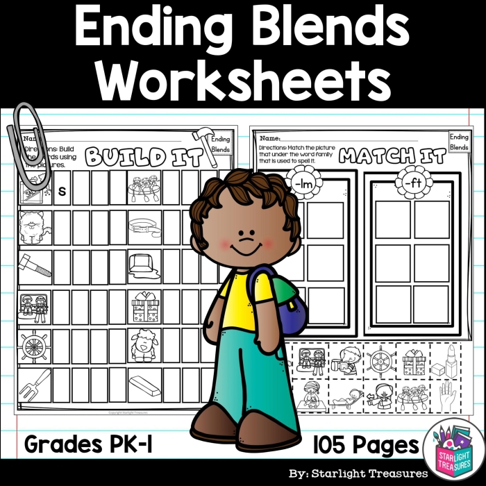 End Blends worksheet for kindergarten students focusing on identifying final blends in words. Practice sheet image for phonics and handwriting development in early education.