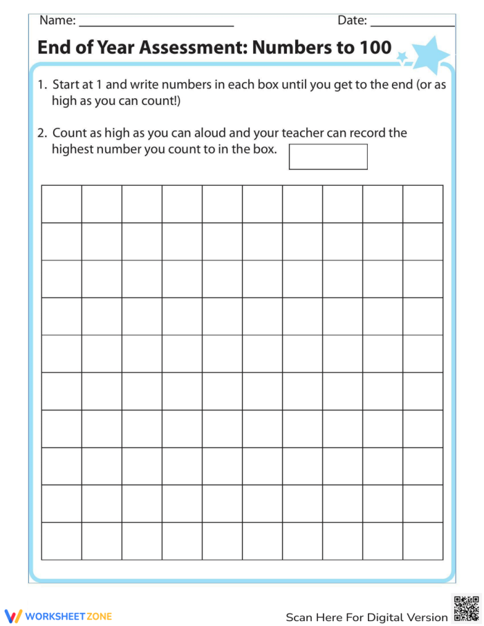End of Year Assessment worksheet for counting and writing numbers up to 100 in Spanish for kindergarten students