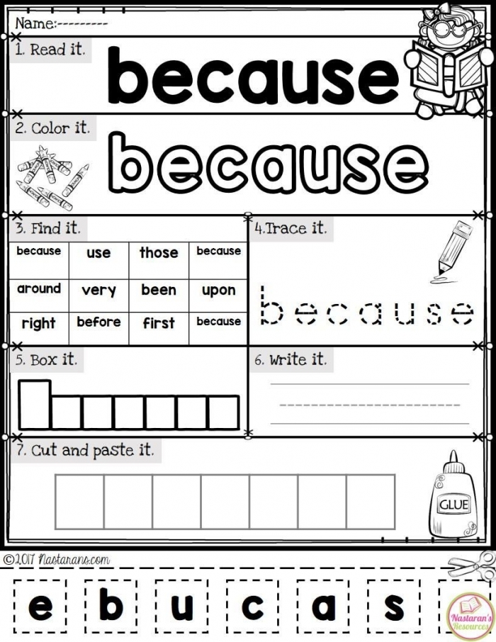 Kindergarten student worksheet showing 75 common sight words arranged in rows for end of year assessment and recognition practice