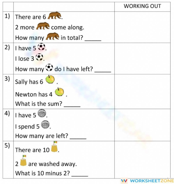 Kindergarten students solving addition and subtraction word problems in a math worksheet