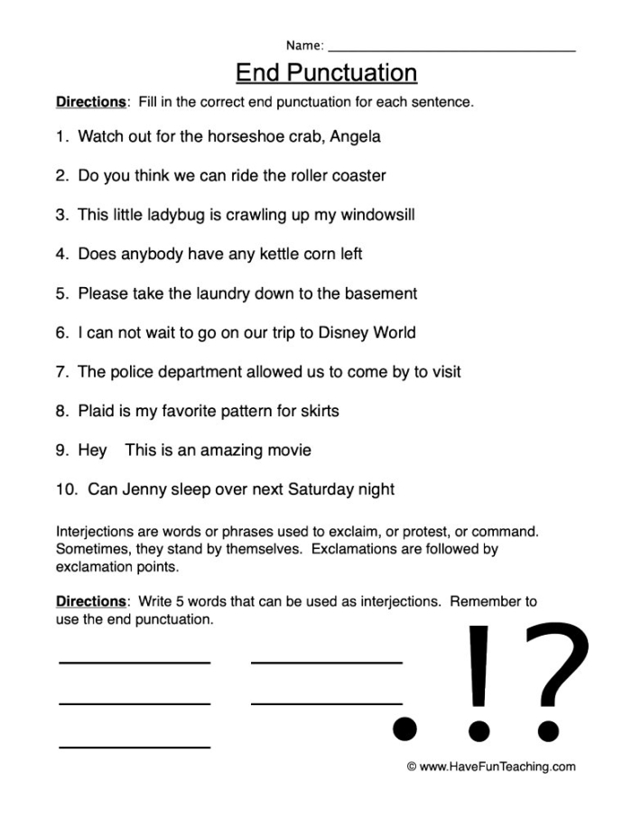 Third grade end punctuation practice worksheet illustration End punctuation worksheet focusing on grammar skills for third graders