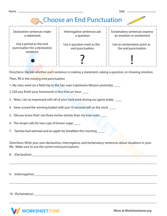 Engaging worksheet on end punctuation for students in grade three End punctuation worksheet focusing on grammar skills for third graders