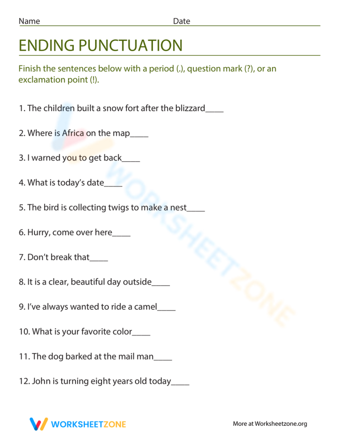 Interactive worksheet on end punctuation skills for third-grade students End punctuation worksheet featuring grammar match-up activities for third graders