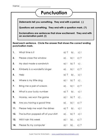 Engaging match-up activity for learning end punctuation rules End punctuation worksheet focusing on grammar for third graders