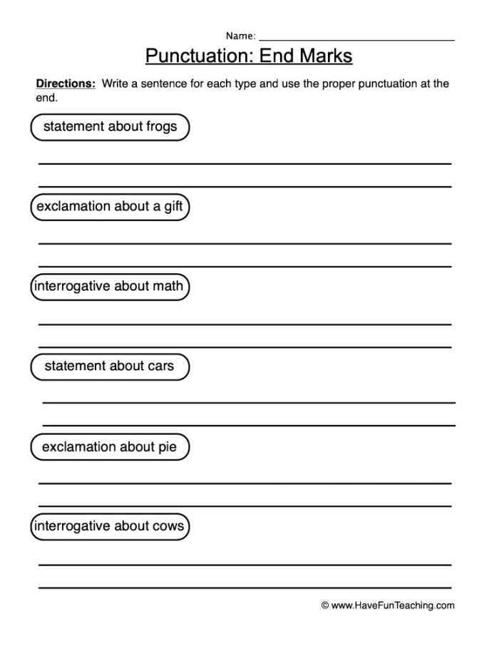 Grammar match-up worksheet highlighting end punctuation for third-grade students End punctuation focus worksheet for third graders in a grammar match-up activity