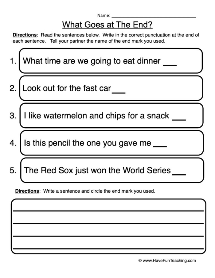 A fun and engaging worksheet focusing on end punctuation for young learners End punctuation worksheet designed for third-grade students to practice grammar skills