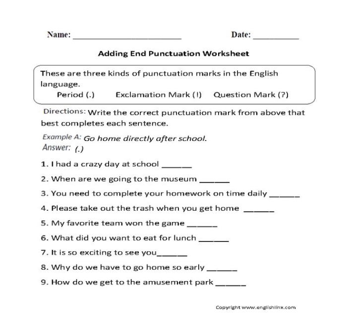 Engaging end punctuation match-up activity for students End punctuation worksheet for third graders focusing on grammar skills